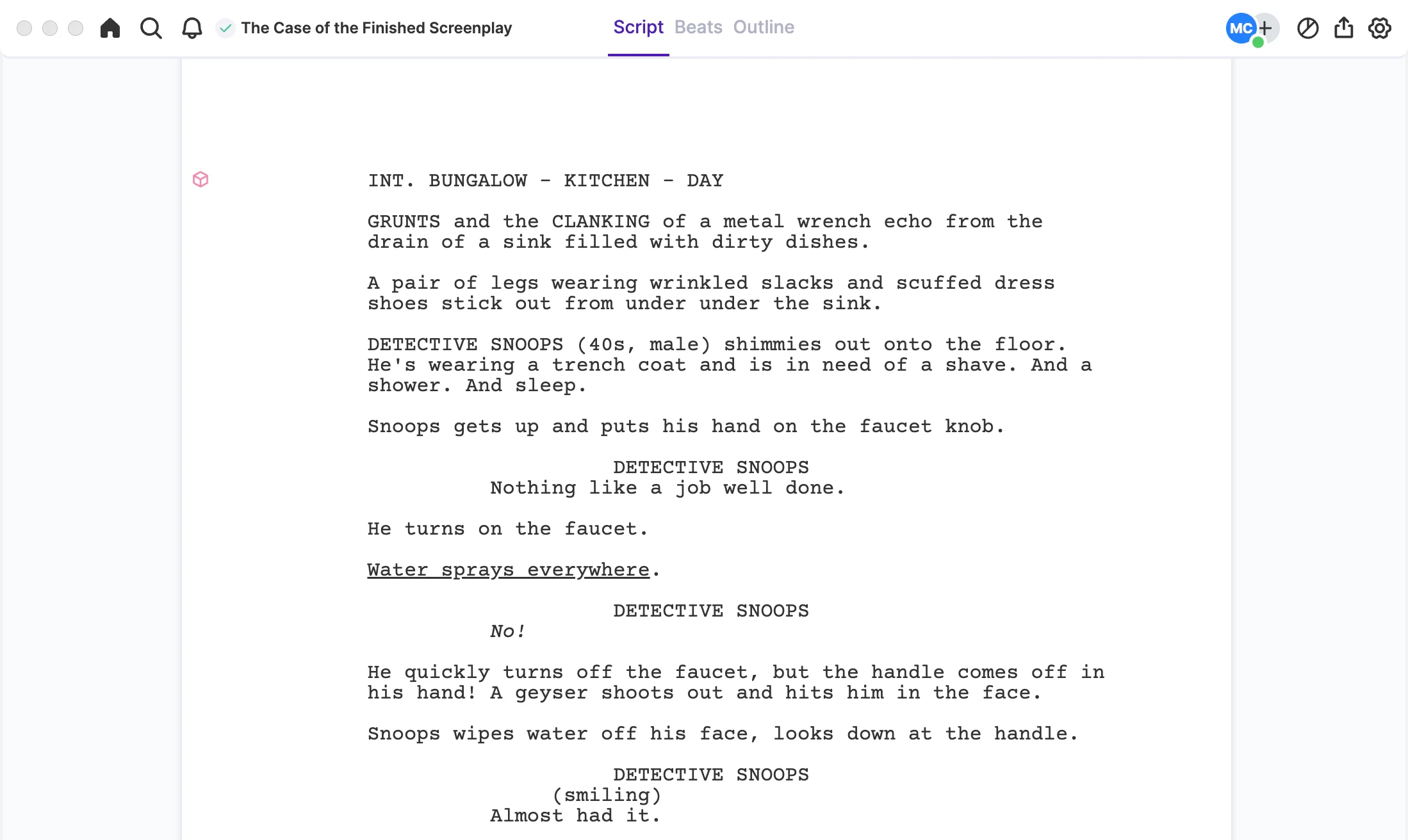 Arc Studio screenplay editor showing The Case of the Finished Screenplay.