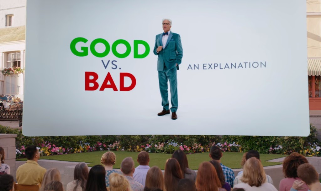 Michael explains the central story line of the TV series, The Good Place.