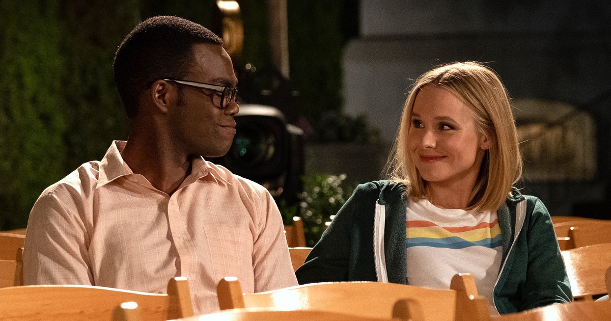 Eleanor and Chidi in a still for The Good Place.