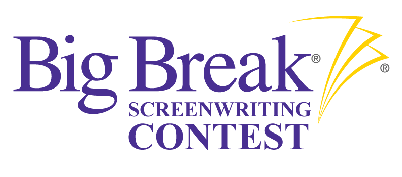 The logo of the Big break screenwriting software in blue letters with yelllow page edges.