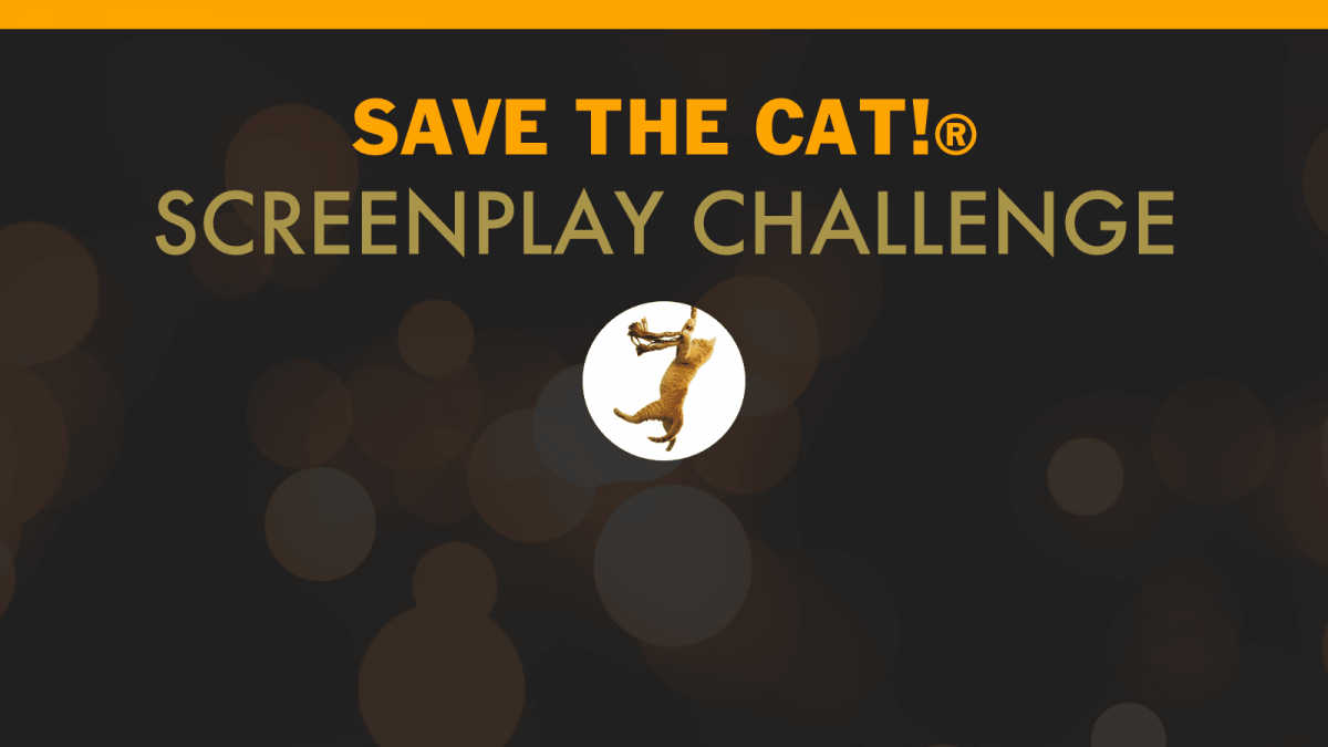The logo for the Save the Cat! Screenplay Challenge. Orange and green letters and spotlighted picture of a cat swinging by. rope