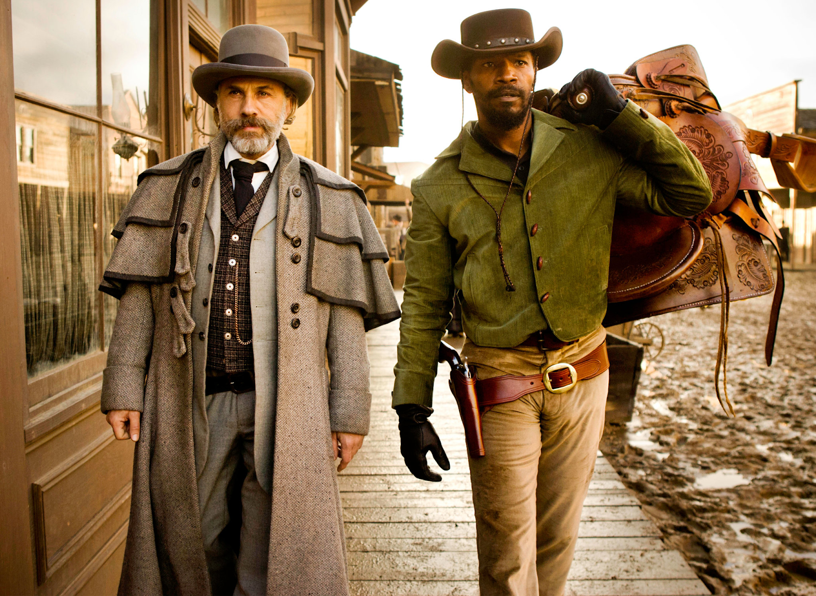 Dr Schultz and Django dressed in stylish Western-style clothing evoking a unique style in a film about Slavery.