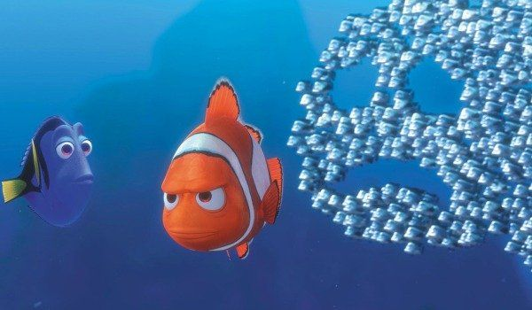 Marlin looks angrily at Dory as they pursue Nemo through the ocean. 