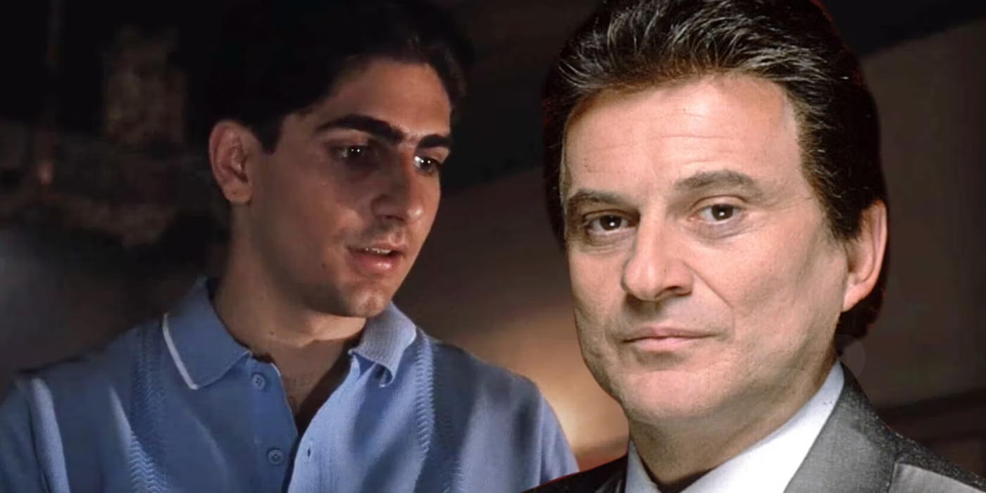 Henry Hill (Liotta) looks on as an all powerful DeVito (Pesci) looks into the camera.