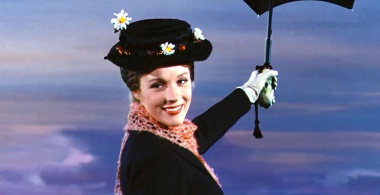 Mary Poppins pictured flying in the sky with her magical umbrella. 