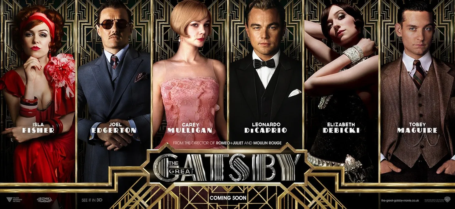 A movie poster for The Great Gatsby highlighting the actors of 6 main characters in The Great Gatsby from Joel Edgerton to Carey Mulligan.