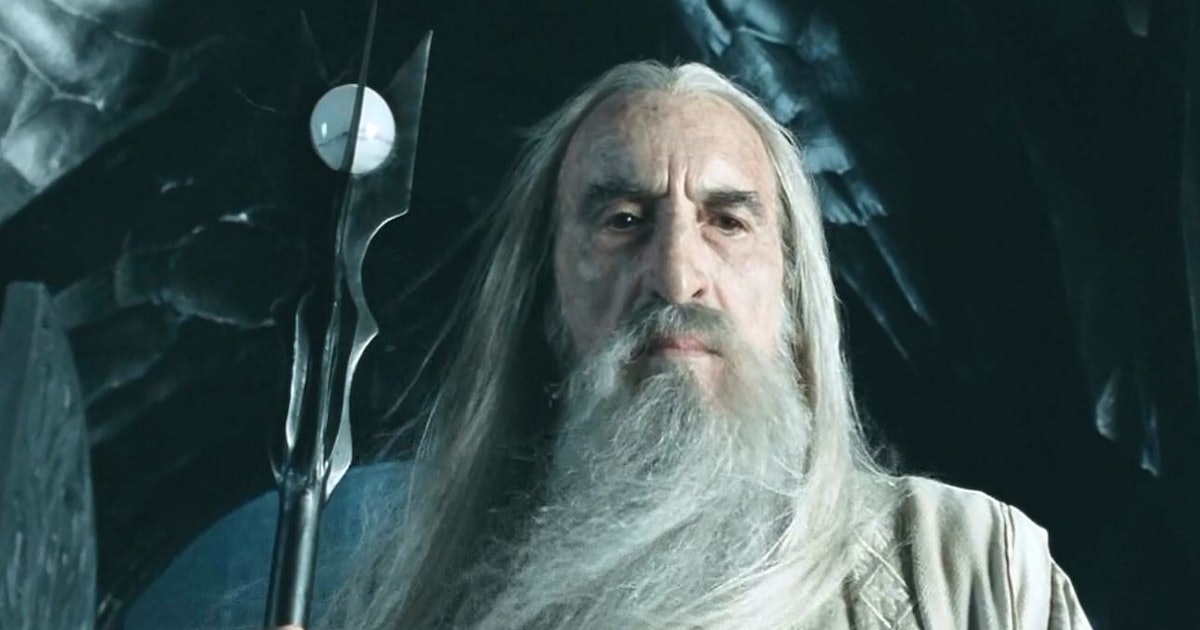 Christopher Lee as Saurman in Lord of the Rings. He is an old man with a long white beard and hair.