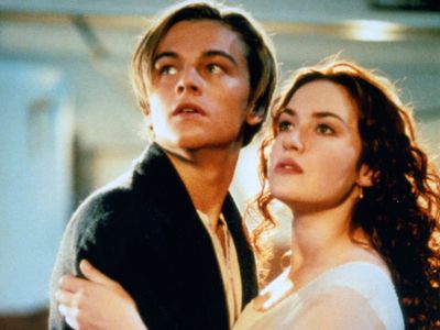 Jack and Rose holding each other and looking scared as they realise the ship is sinking