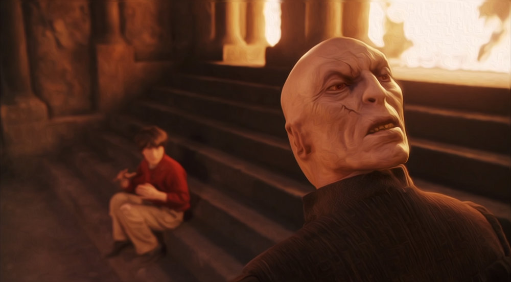 Harry Potter and Voldemort face off in The Sorcerer's Stone.