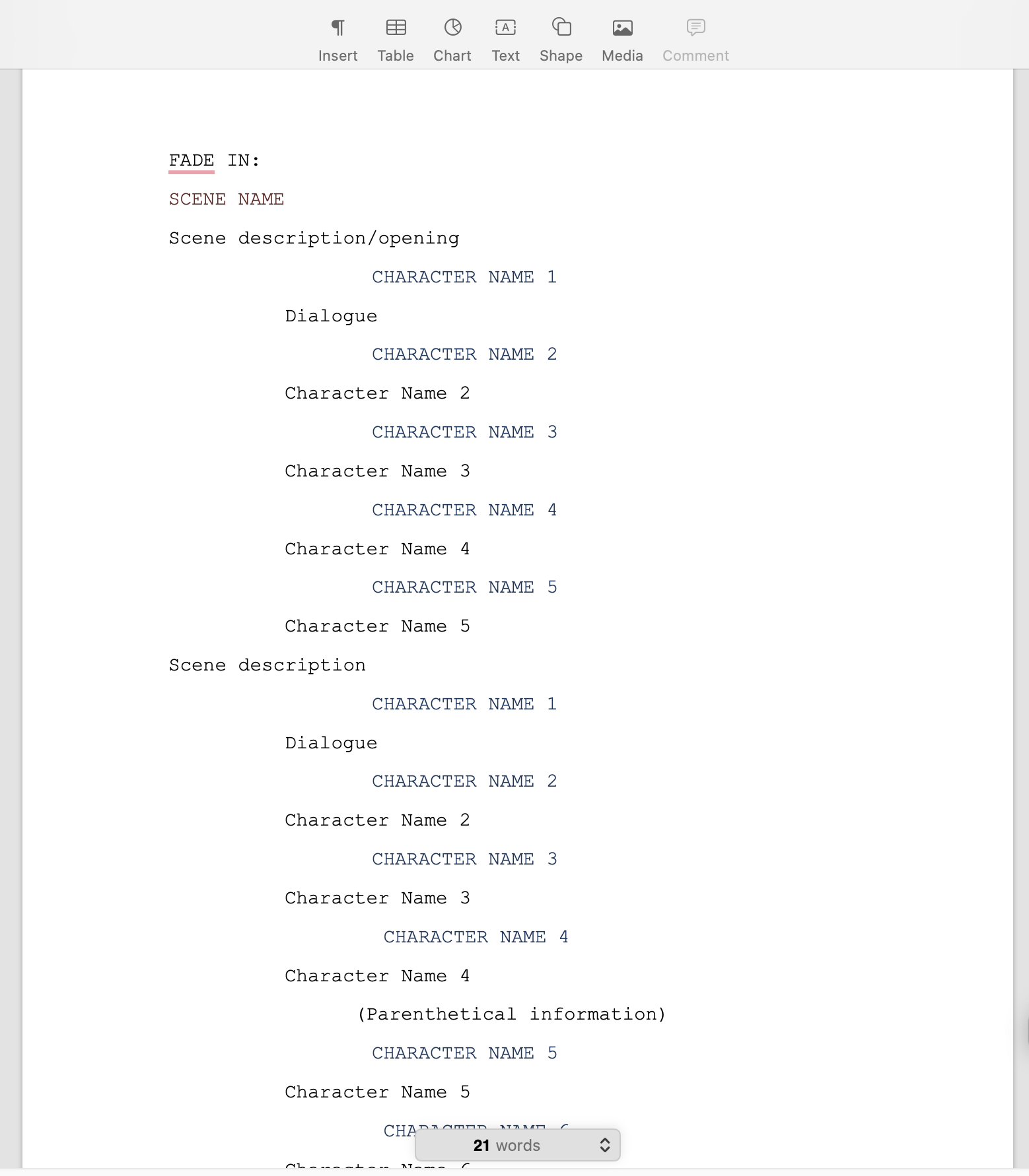 A screenshot of Arc Studio's screenwriting template open in Pages