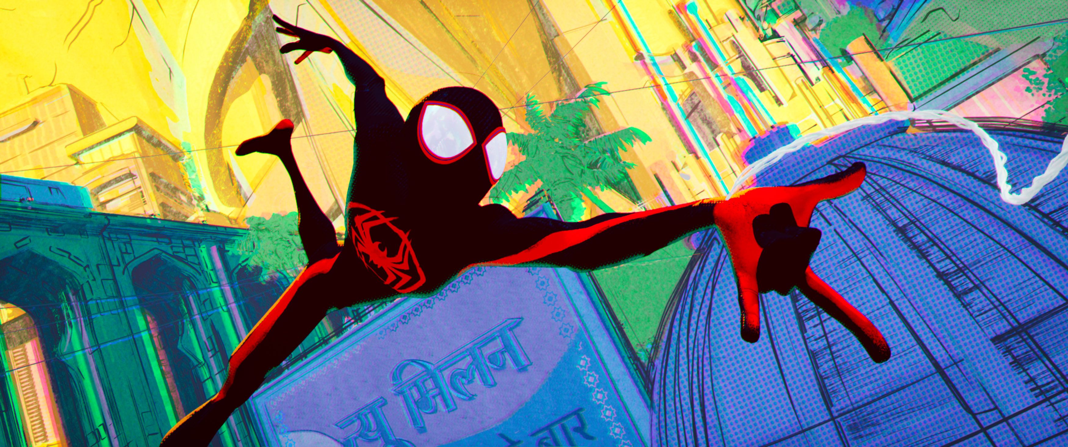 An animated Spider-Man swinging across a cityscape. The colors are strong and contrast a lot.