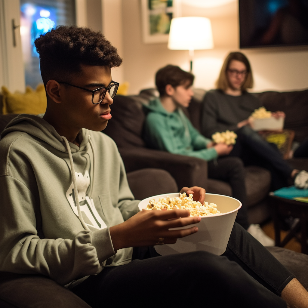 A student sat in his living room with popcorn watching films as research for his future career