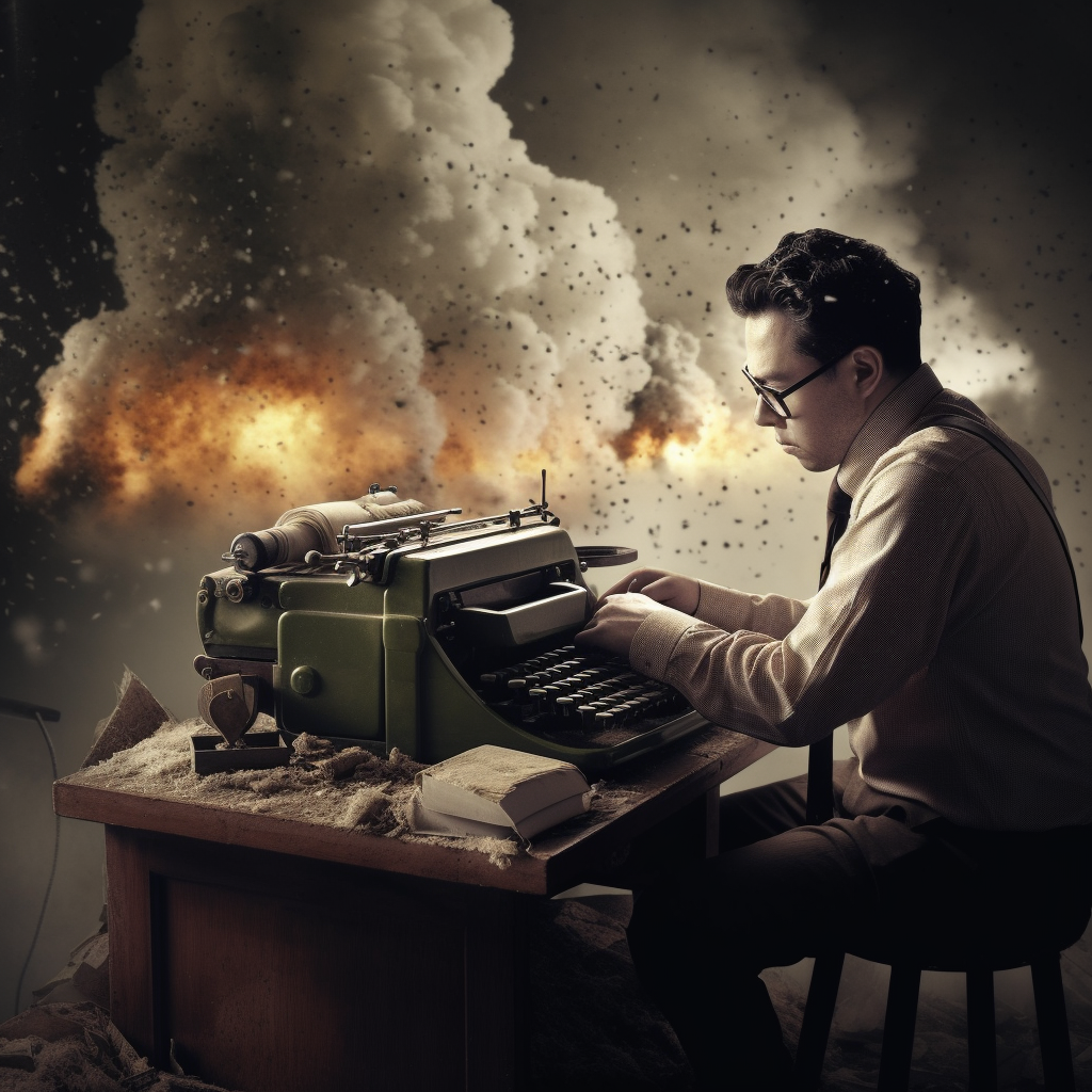 An image of a nerdy looking writer typing on a typewriter, unaffected, as an explosion goes off behind him