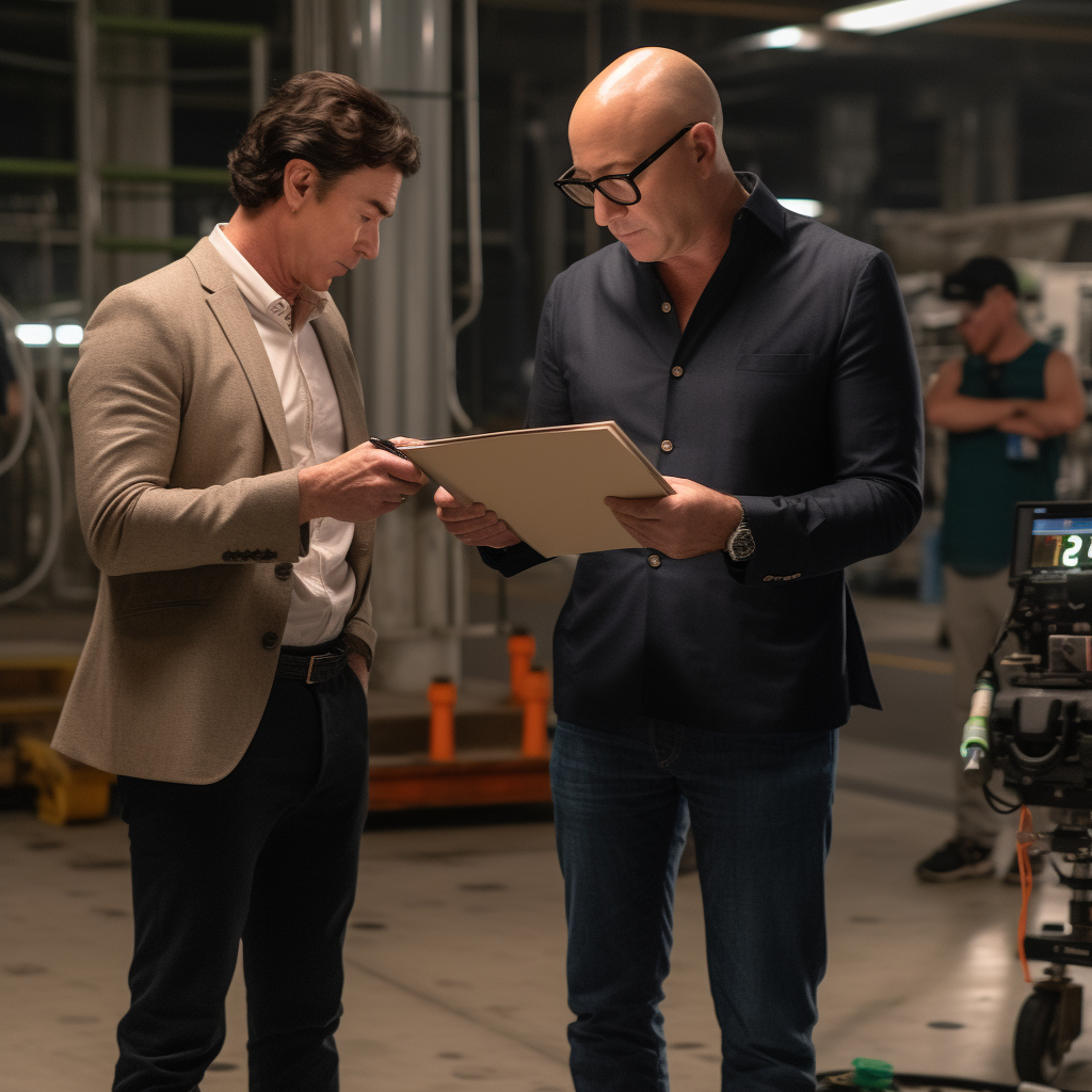 A screenwriter dressed in a grey suit handing over a script to an executive