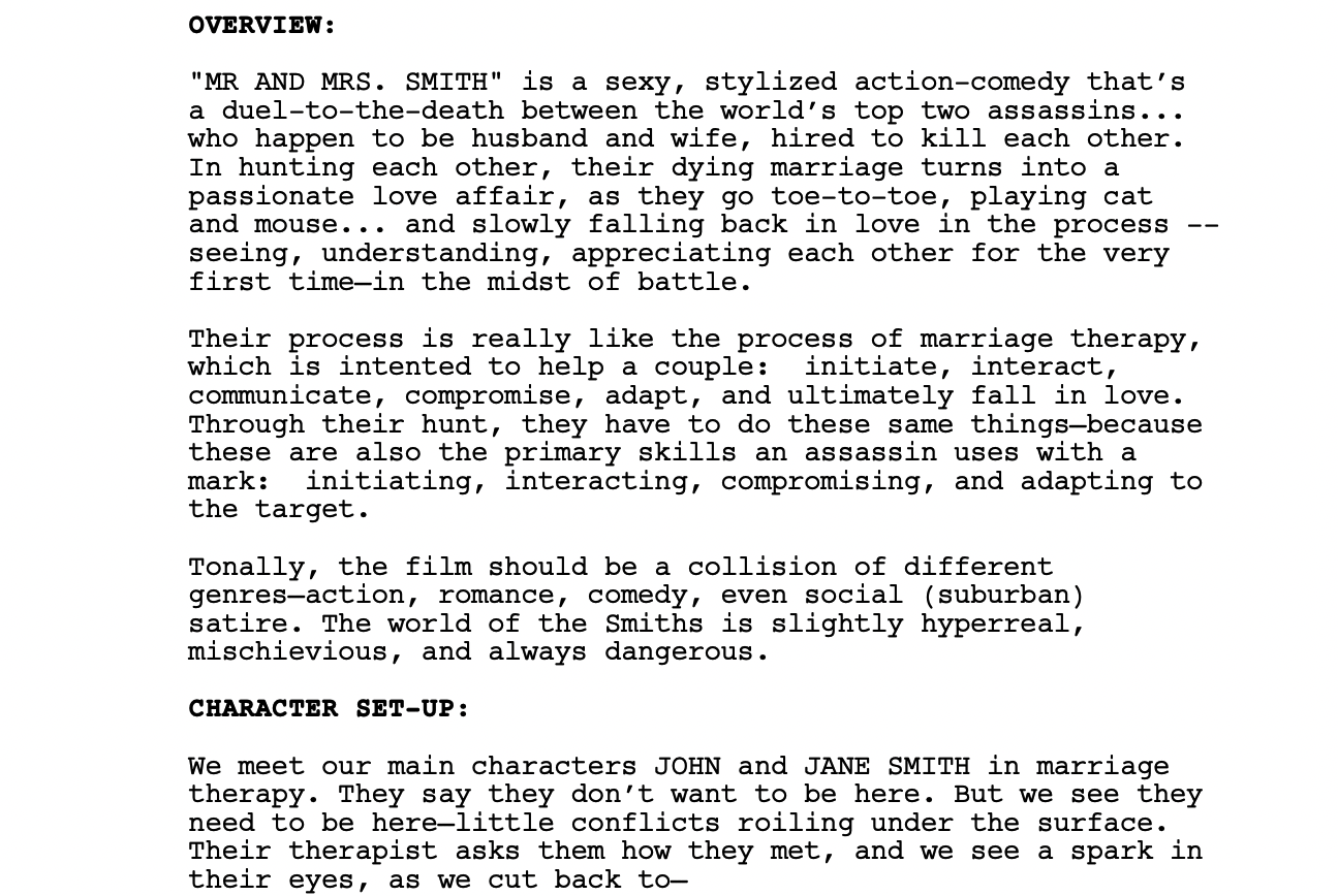 Mr. & Mrs. Smith film treatment excerpt