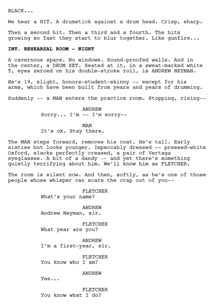 A scene from Whiplash demonstrates how technical and complicated a screenplay can be.