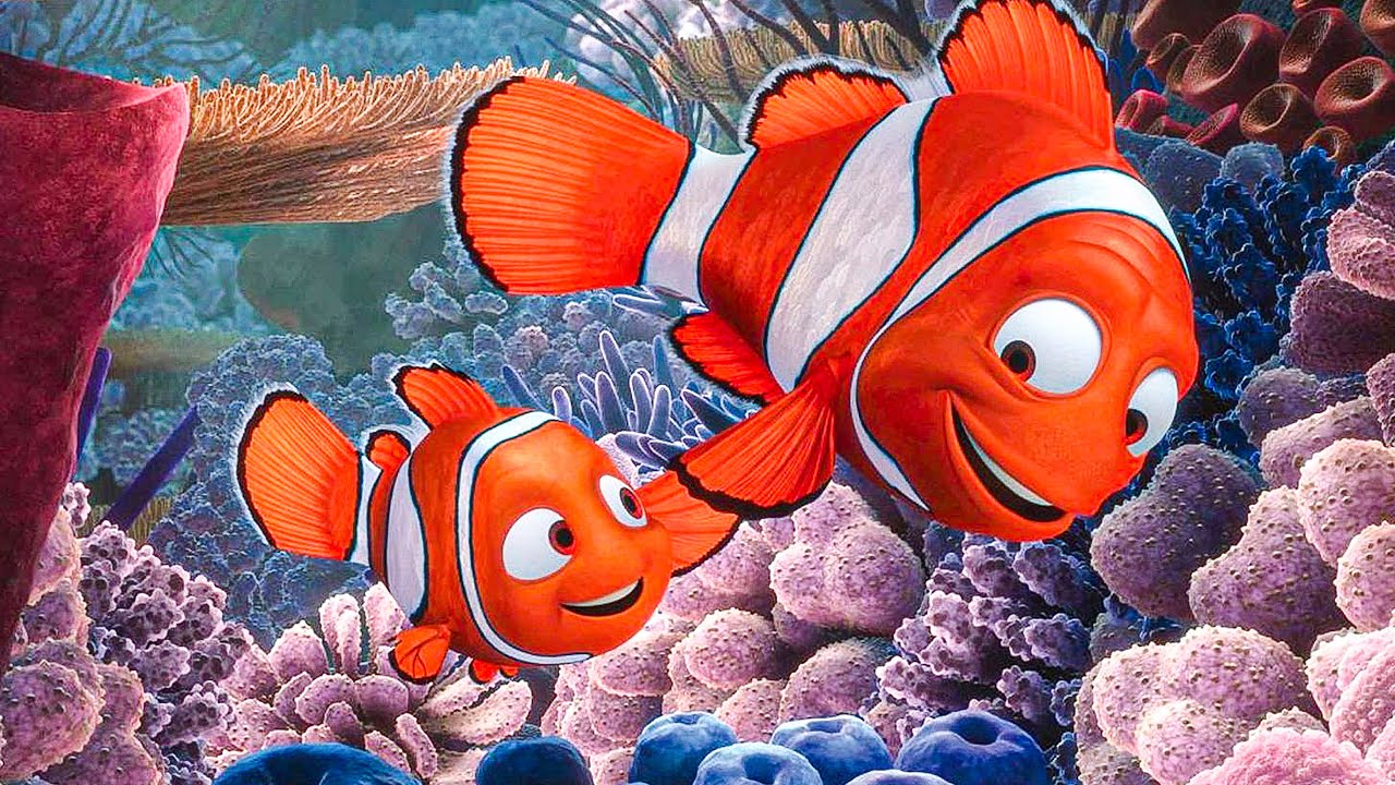 Marlin and Nemo swim together in Finding Nemo.