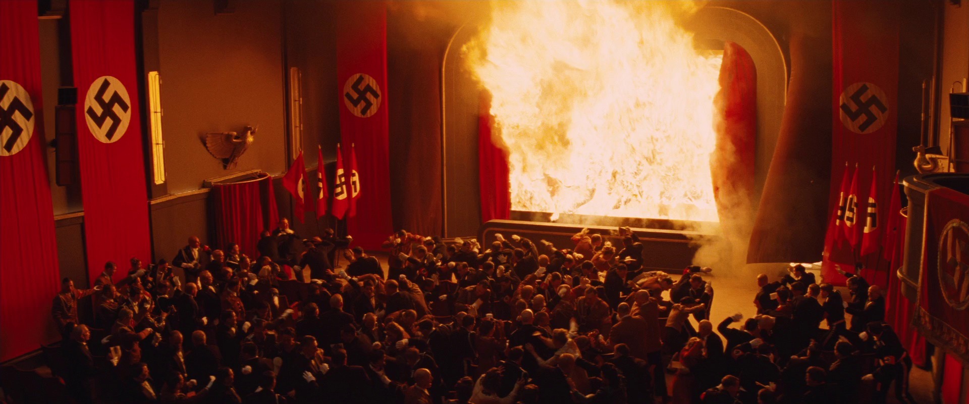 The movie theatre in Inglorious Basterds being consumed by flames.