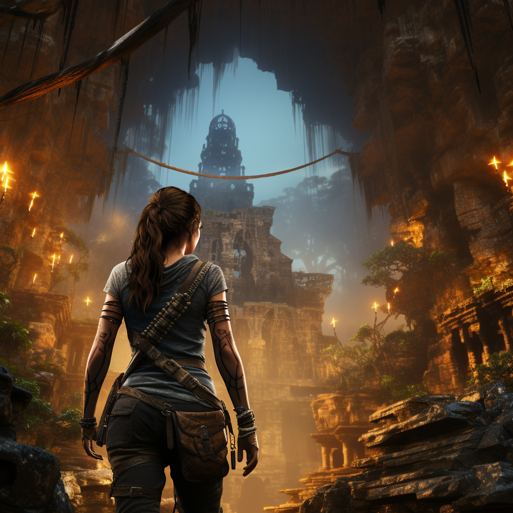 Lara Croft standing in a temple awaiting adventures. It is dark and lit by tourches.