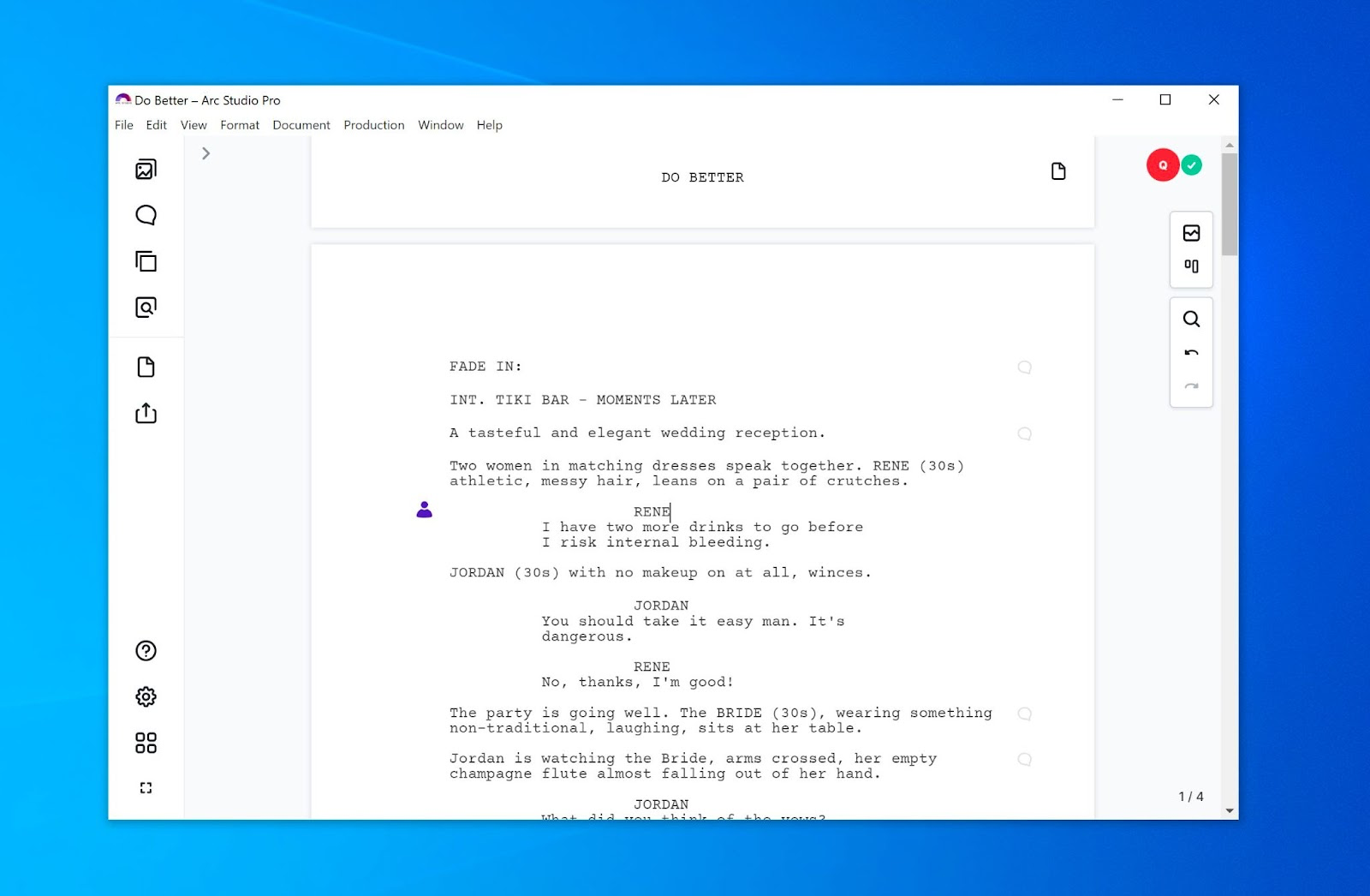 A screenshot of Arc Studio screenwriting software