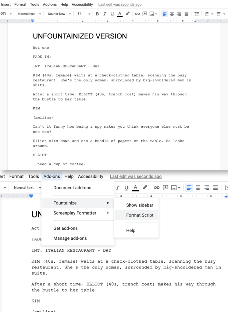 fountanize screenwriting plugin for google docs