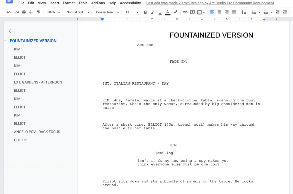 outline features google docs for screenwriting