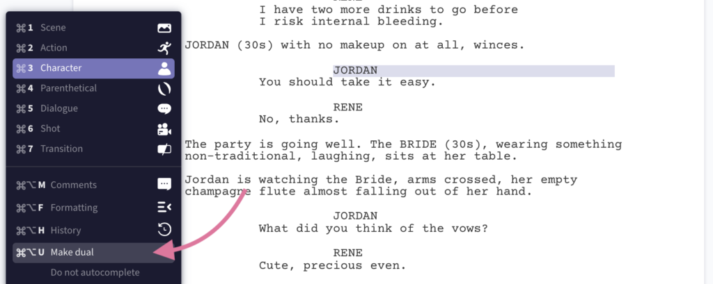 A screenshot showing the character box on Arc Studio screenwriting software