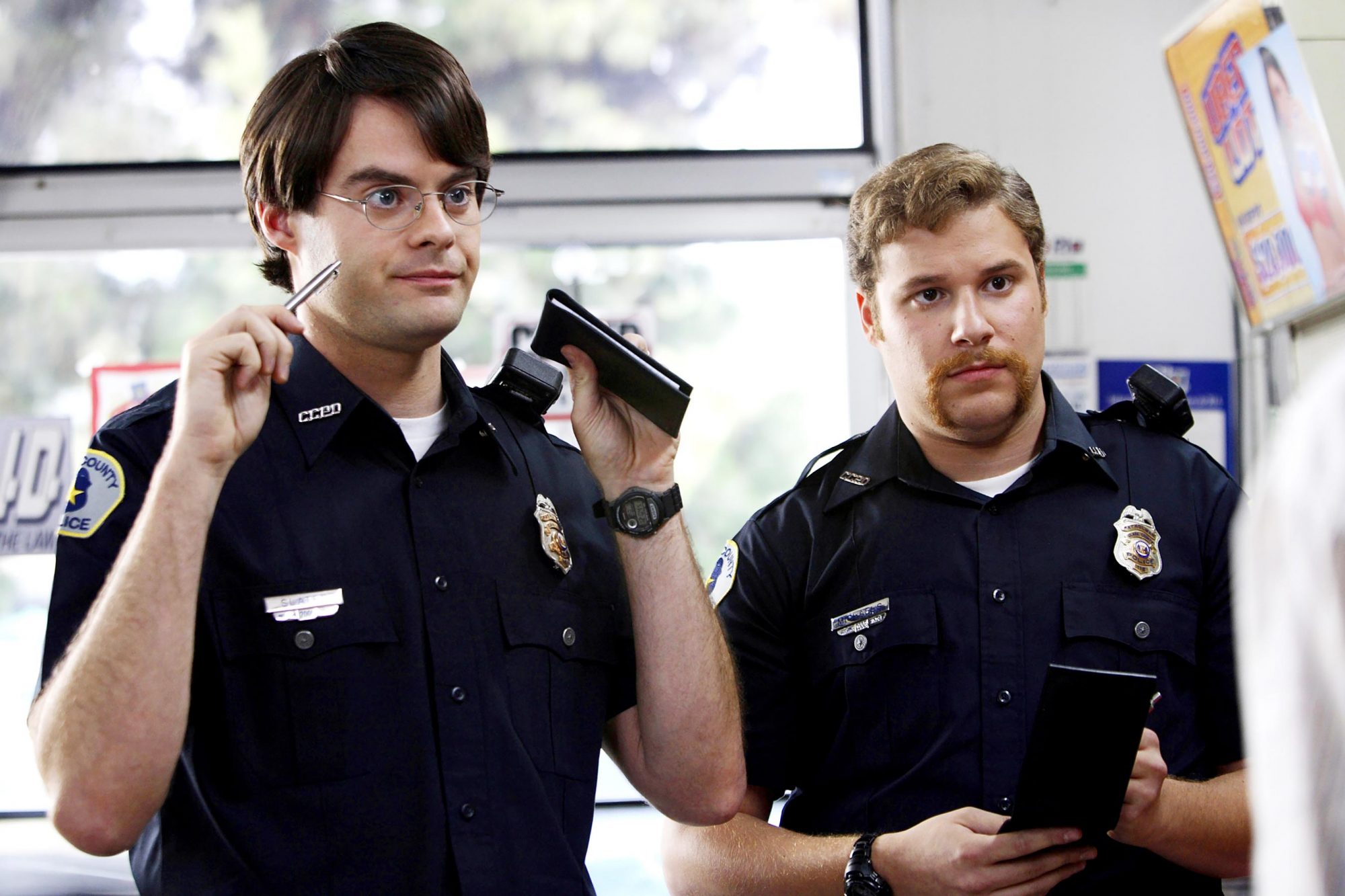 eth Rogan and Bill Hader dressed as cops in Superbad.