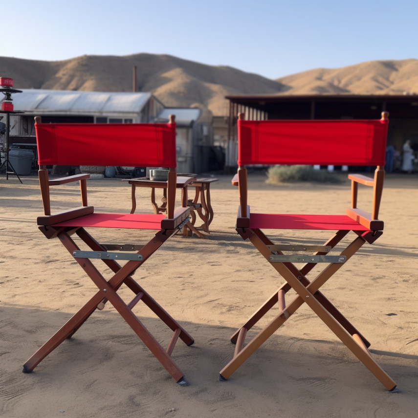 Two red directors chairs on the set of a movie set in a deserte
