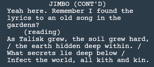 Excerpt from script showing parentheticals. 