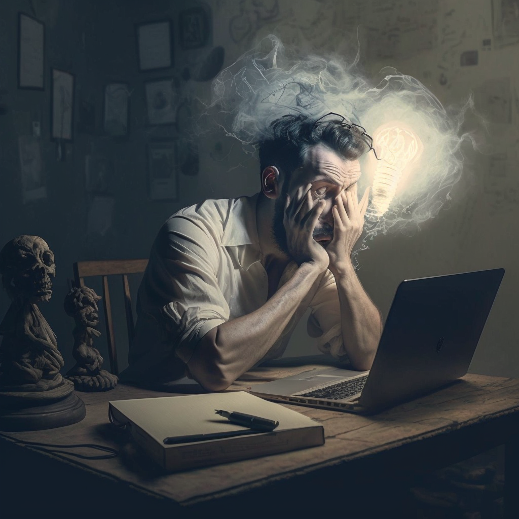 A ghostwriter struggling with this script, steam is pouring out of his eyes