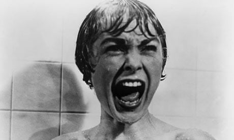 The famous shower sequence from Psycho (1960) in black and white.
