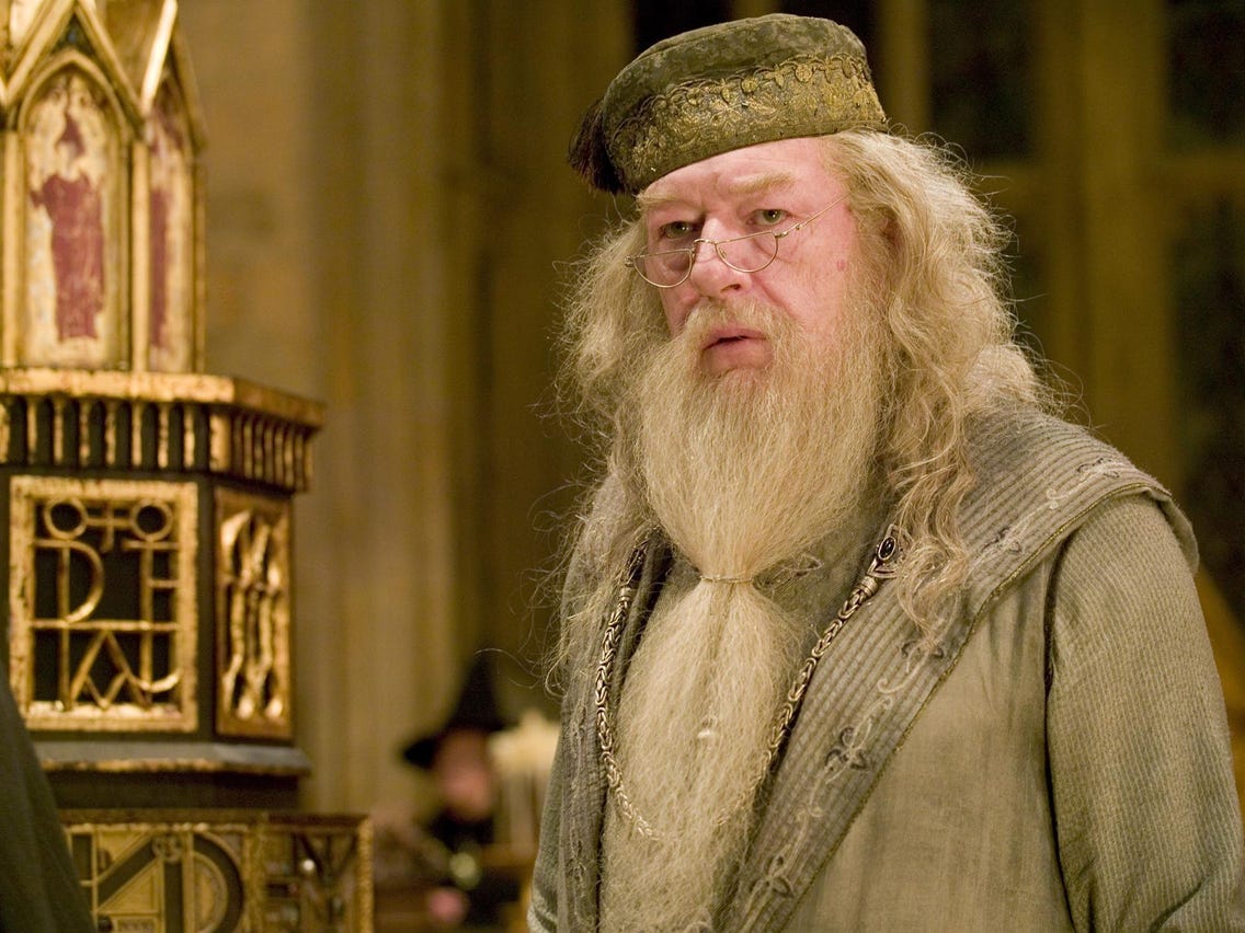 Albus Dumbledore from the Harry Potter series looking perplexed about an issue.