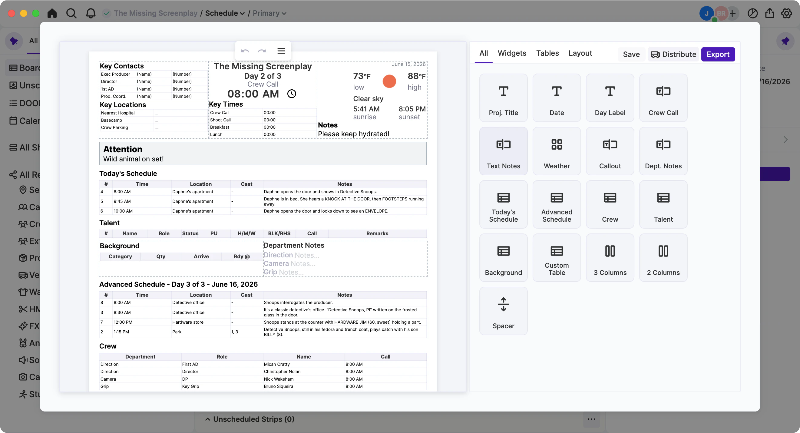 Call sheets, reports, and email distribution in Arc Studio.