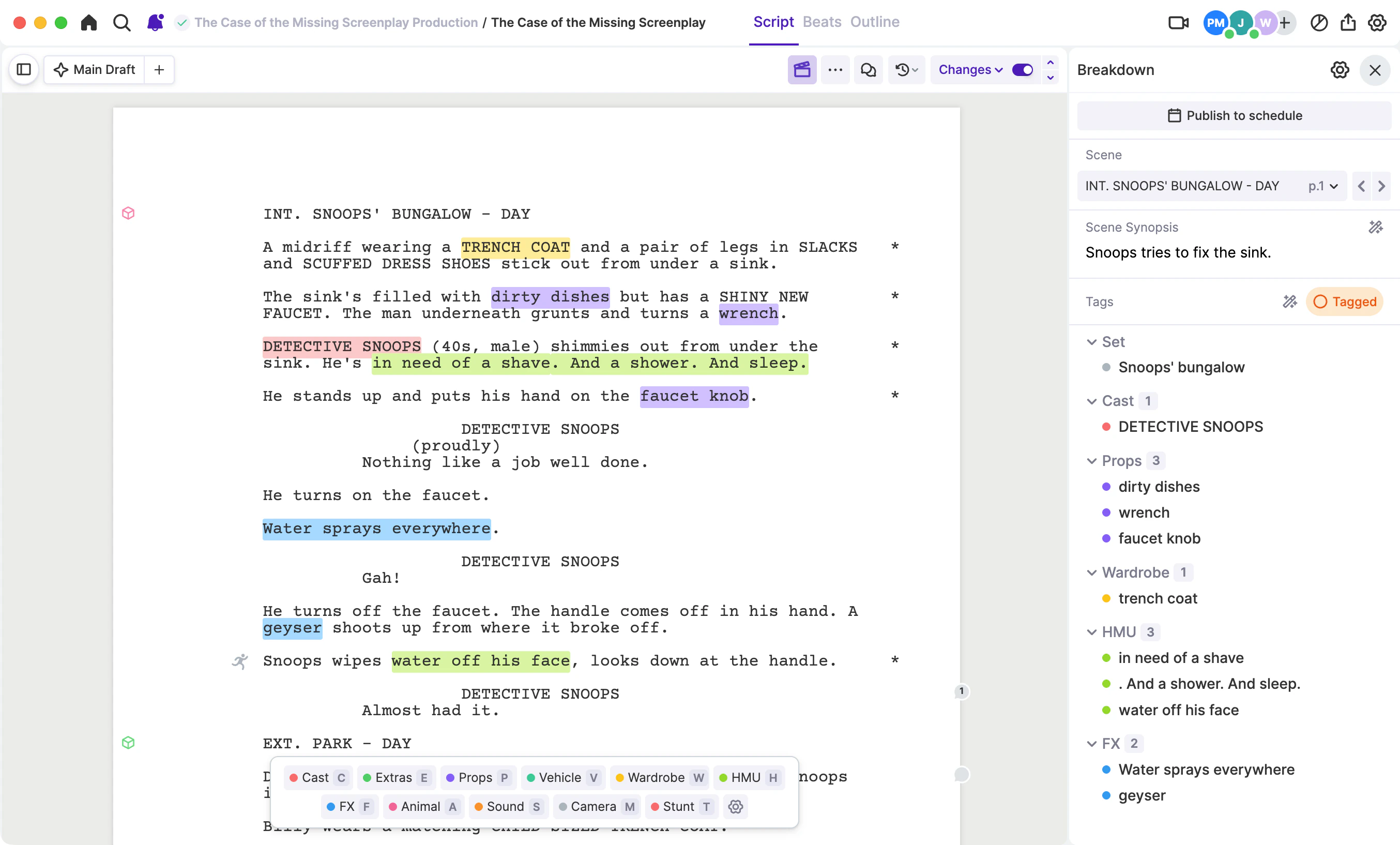 Tagging and script breakdowns in Arc Studio.