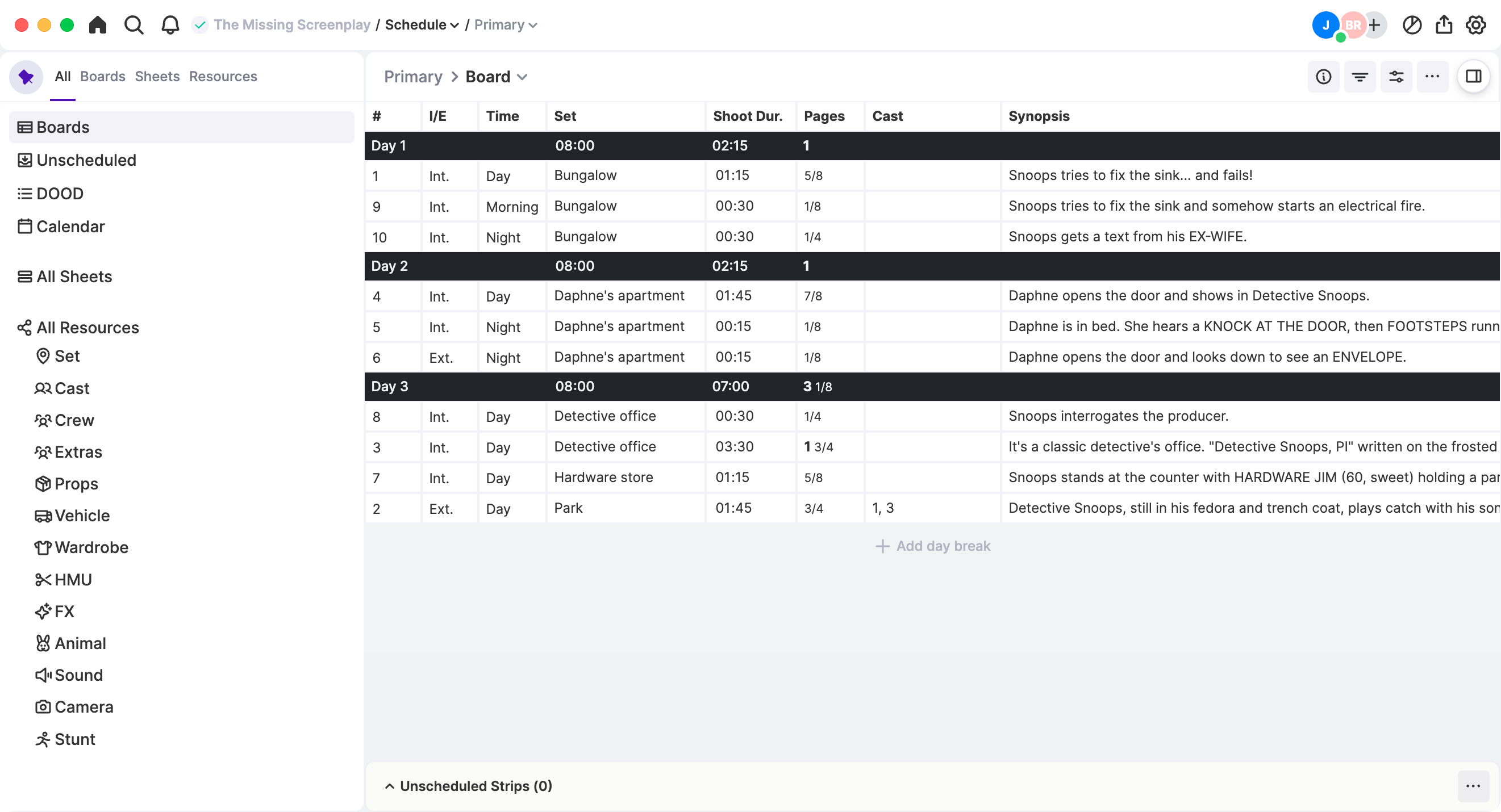 Film production schedule.