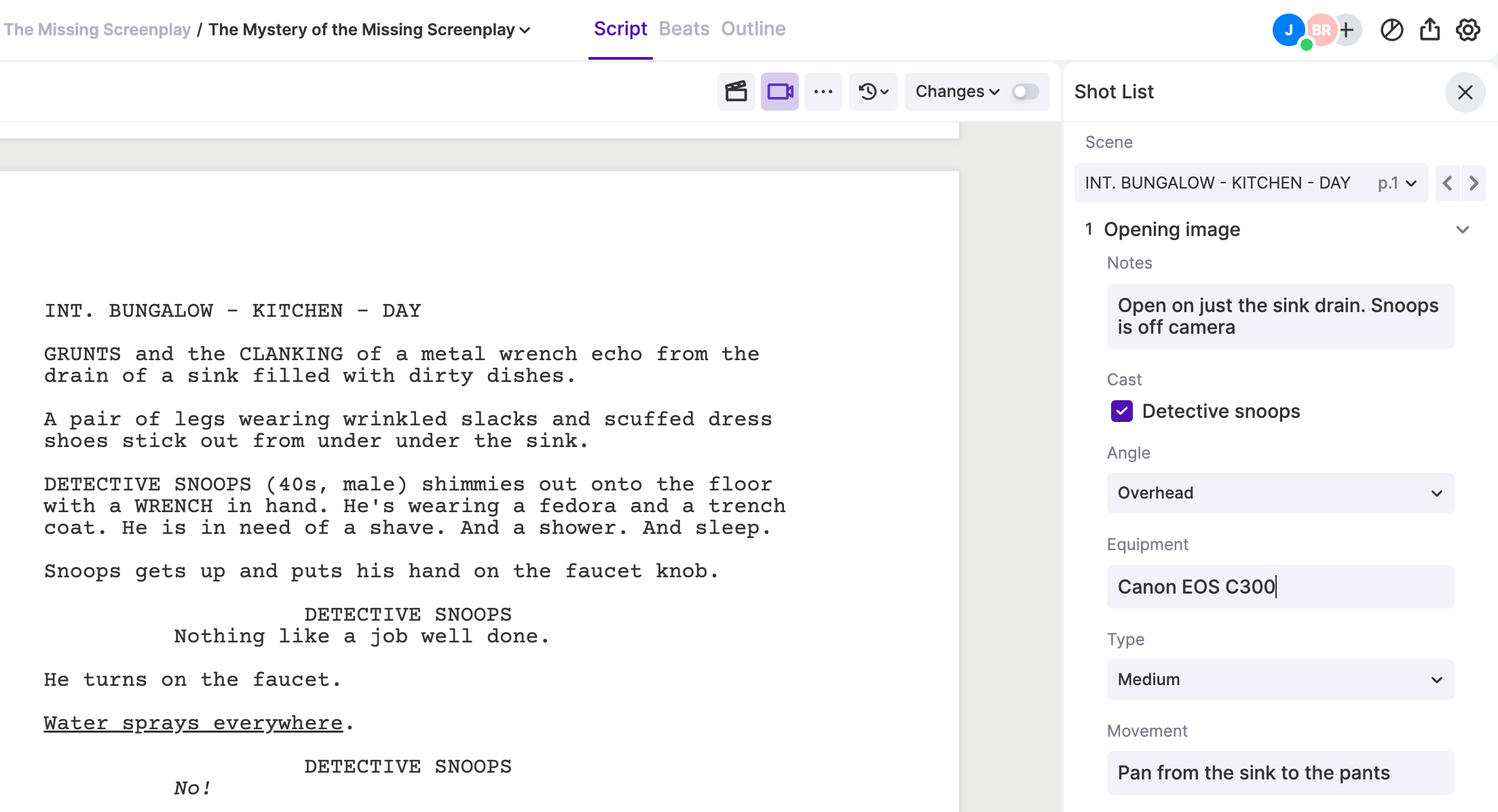 Student shot list and storyboard.