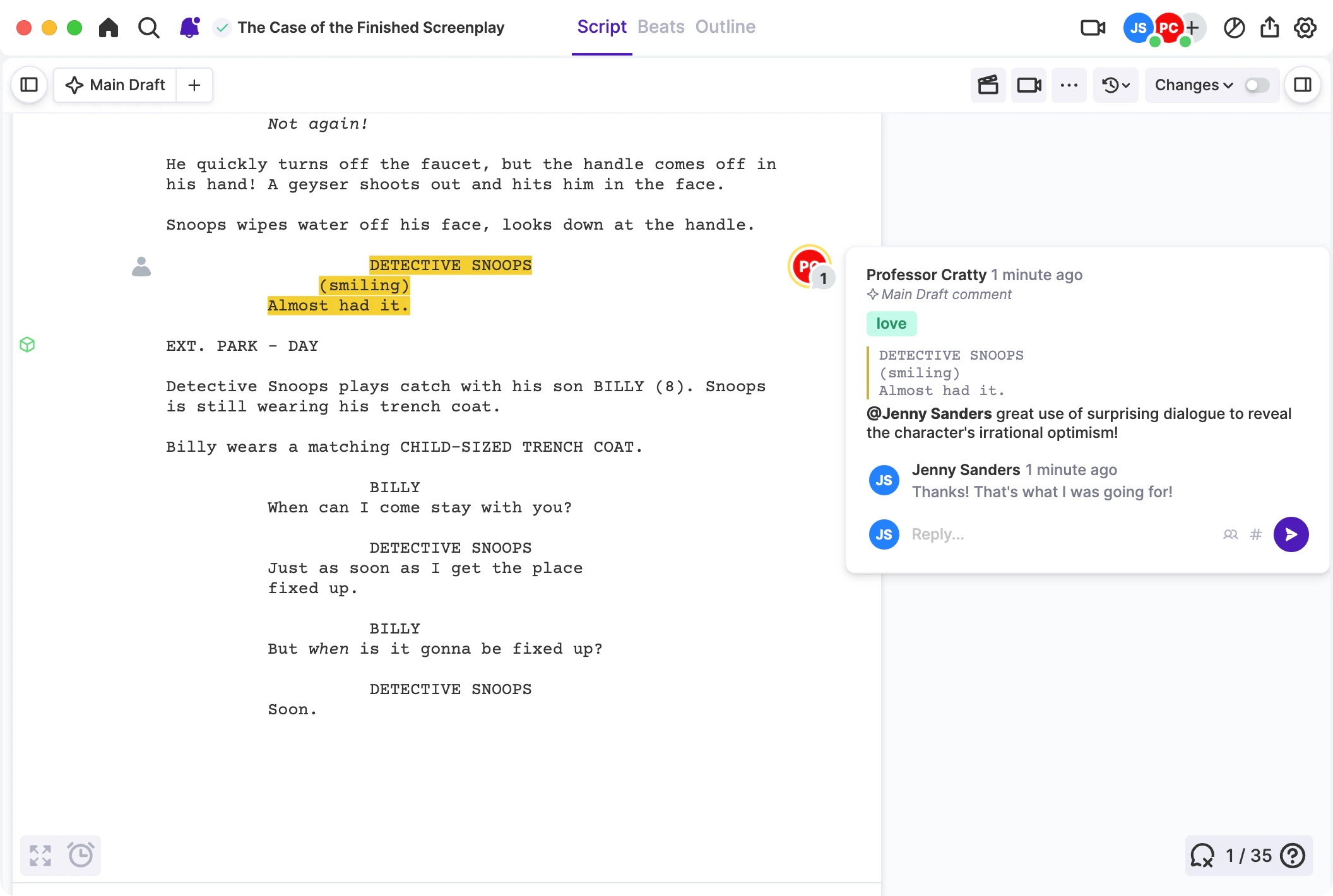 Instructor comments and student feedback directly beside the screenplay.