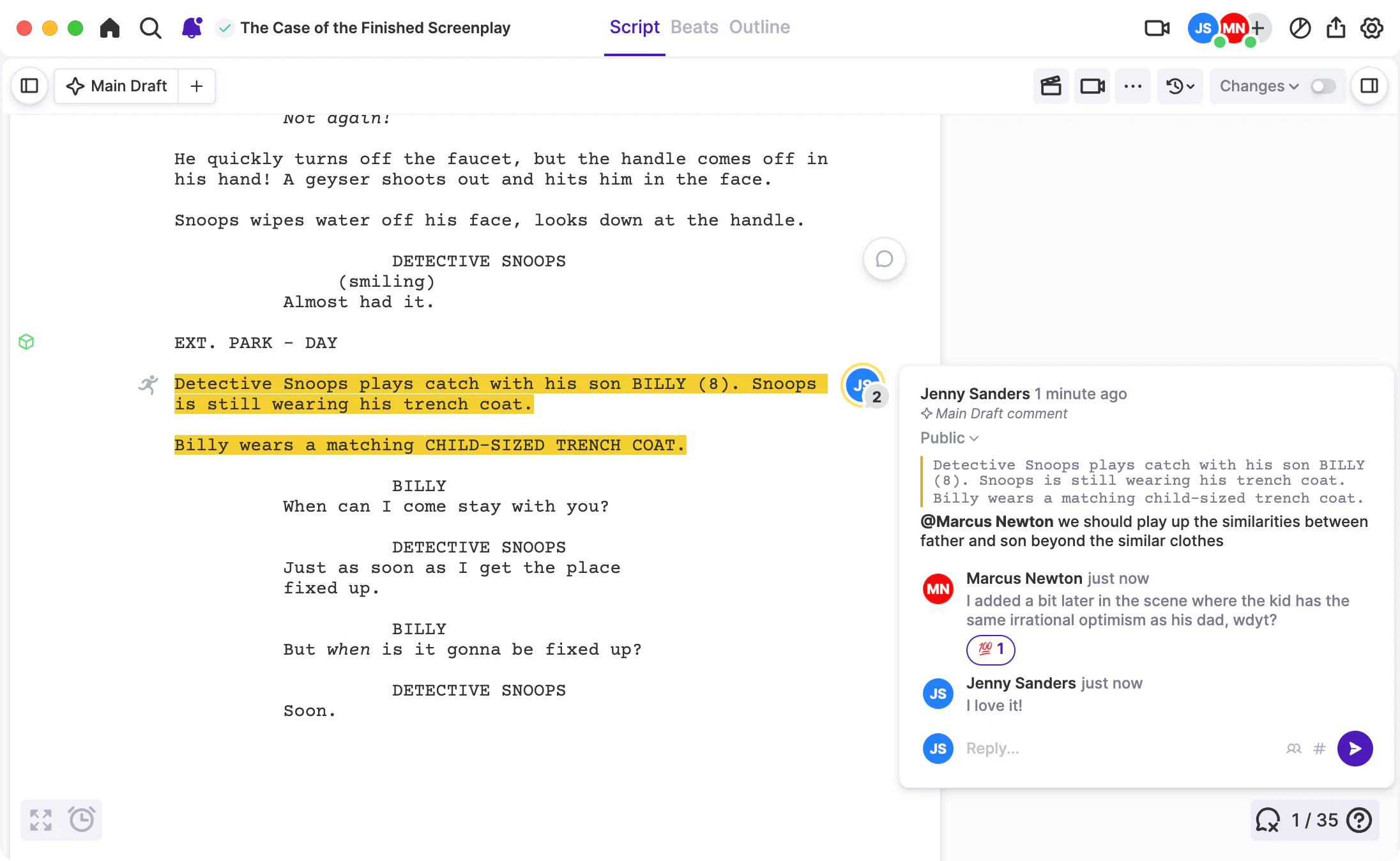 A revision checklist and collaborator comments beside an Arc Studio script.