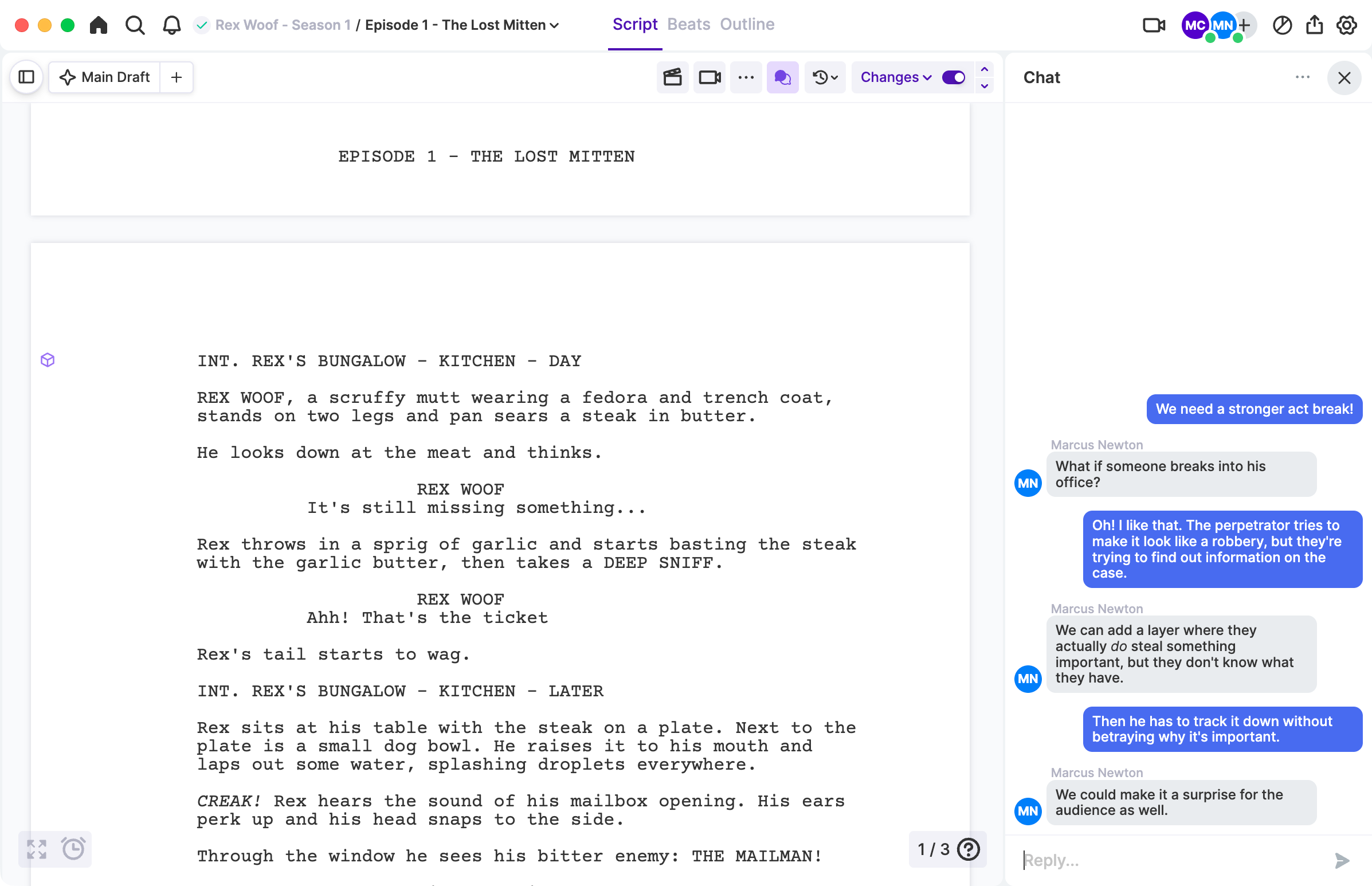 Arc Studio script chat beside a screenplay.