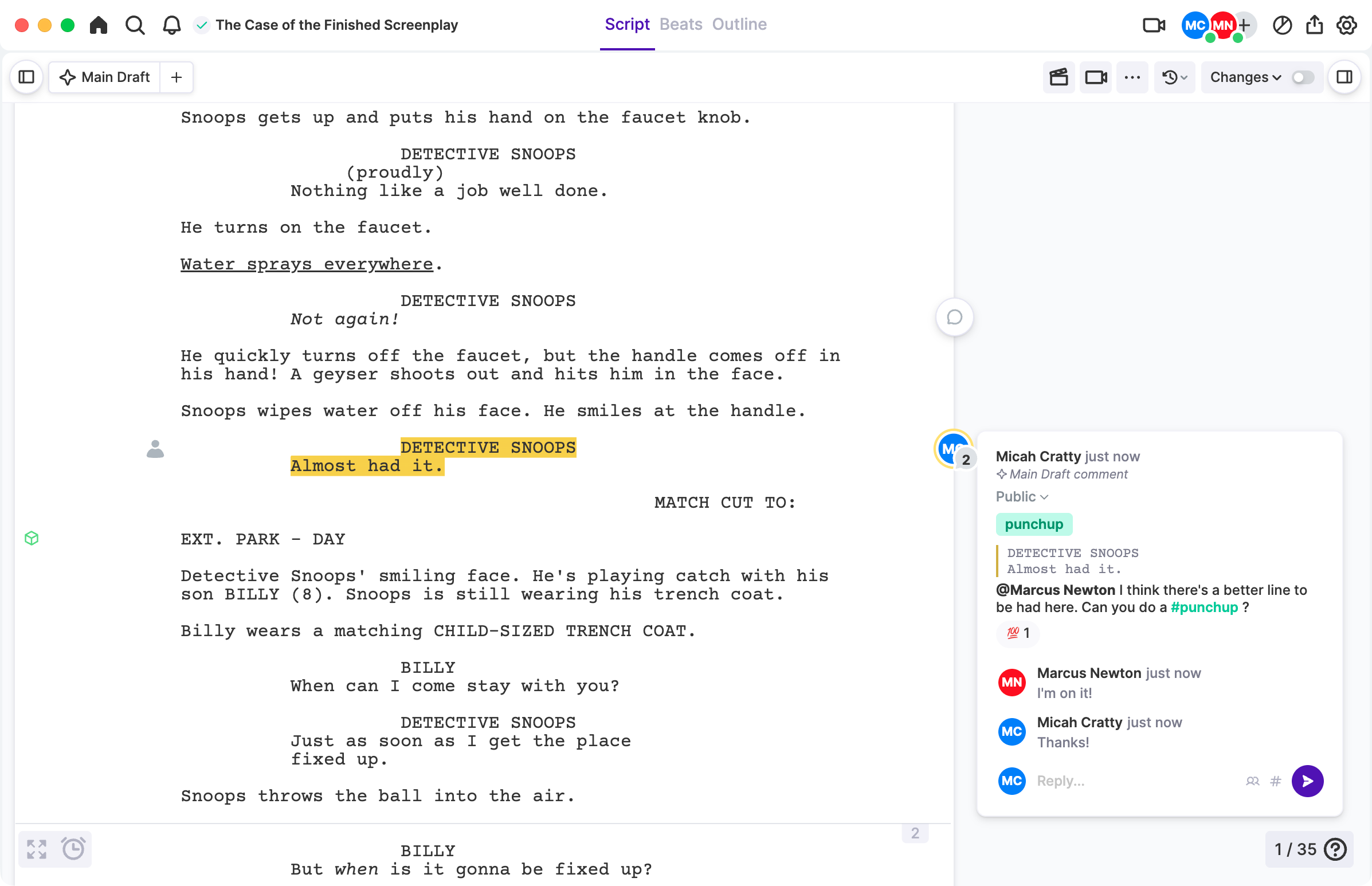 Tagged comments beside an Arc Studio script.
