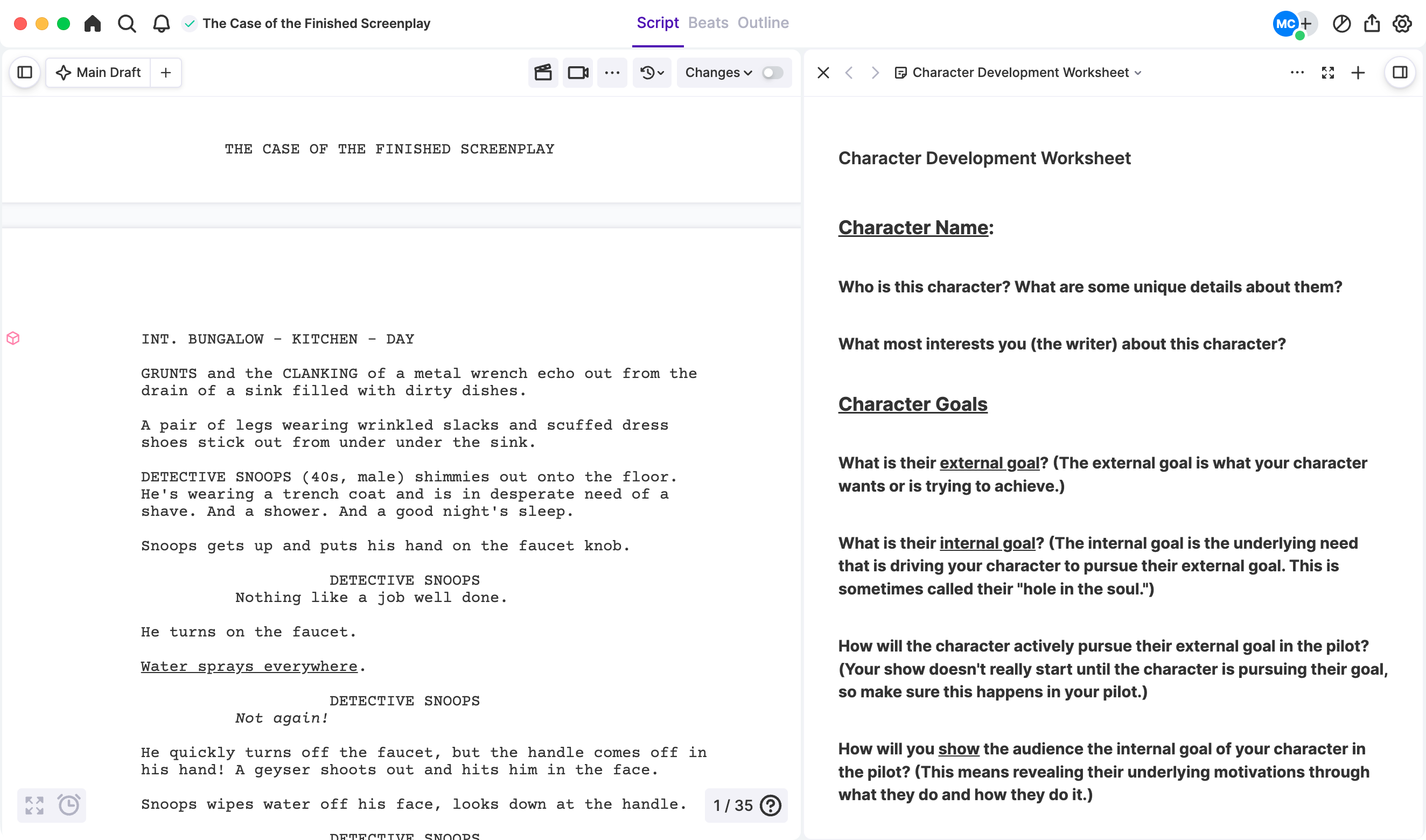 Arc Studio character and story worksheet.
