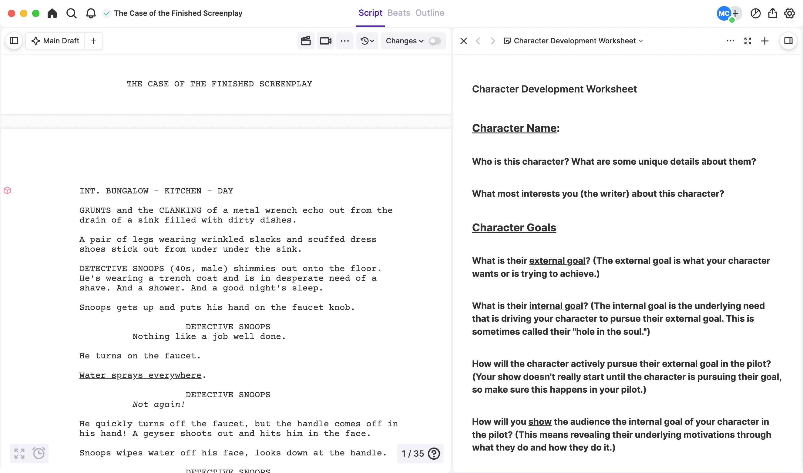 Character and story worksheets in Arc Studio.