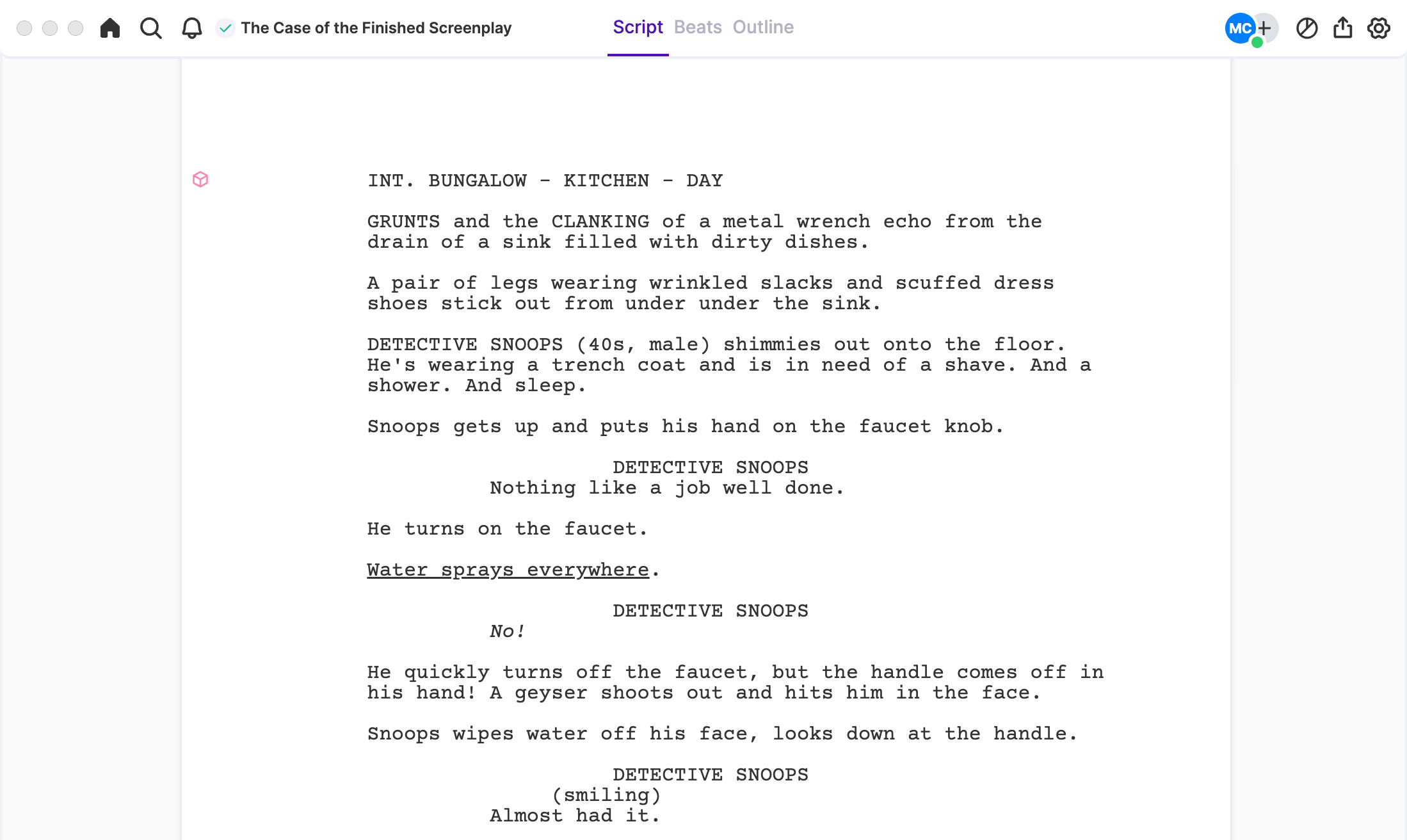 Arc Studio screenplay editor showing The Case of the Finished Screenplay.