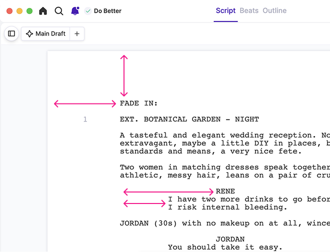 Arc Studio script editor showing professional formatting measurements.