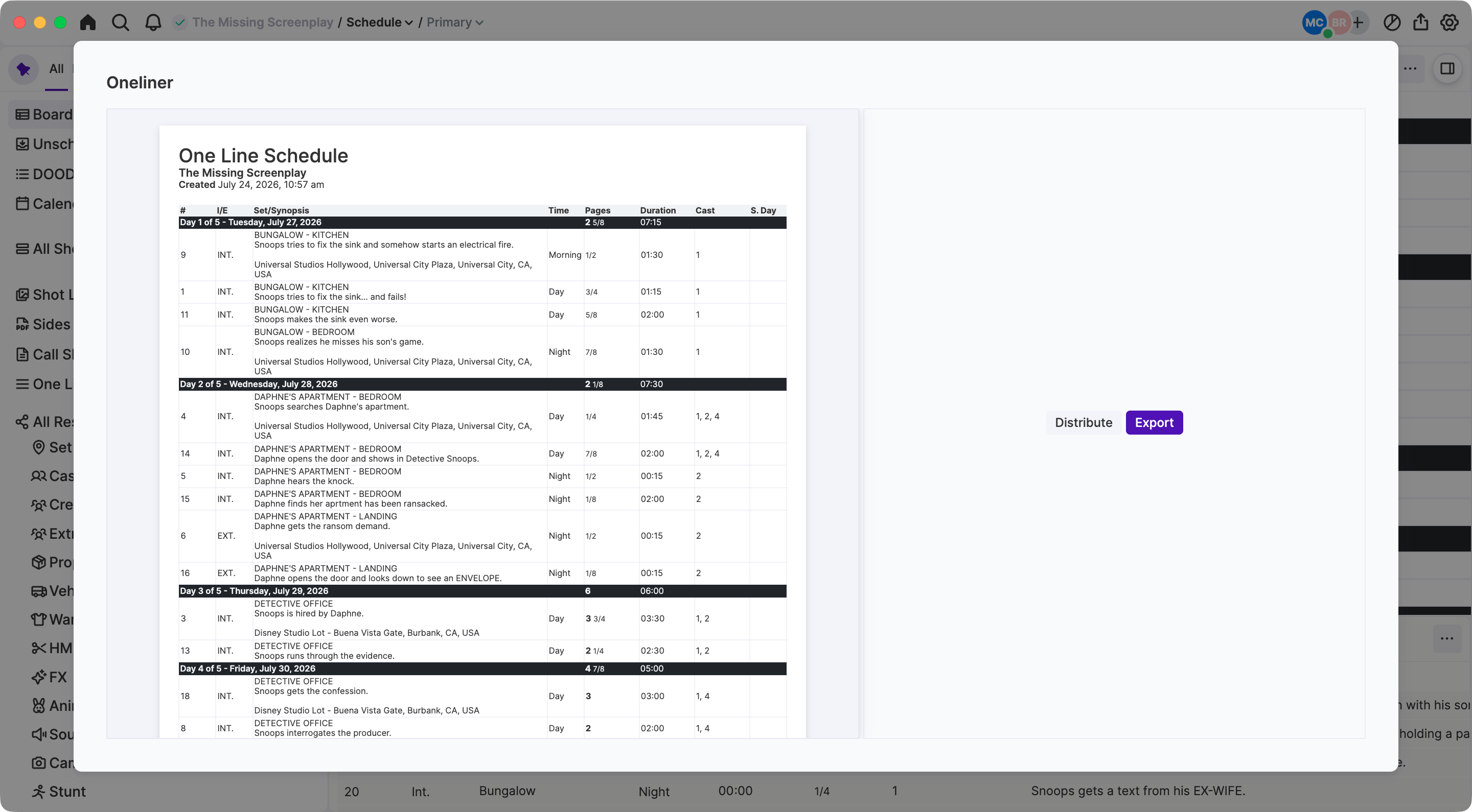 A call sheet built in Arc Studio.