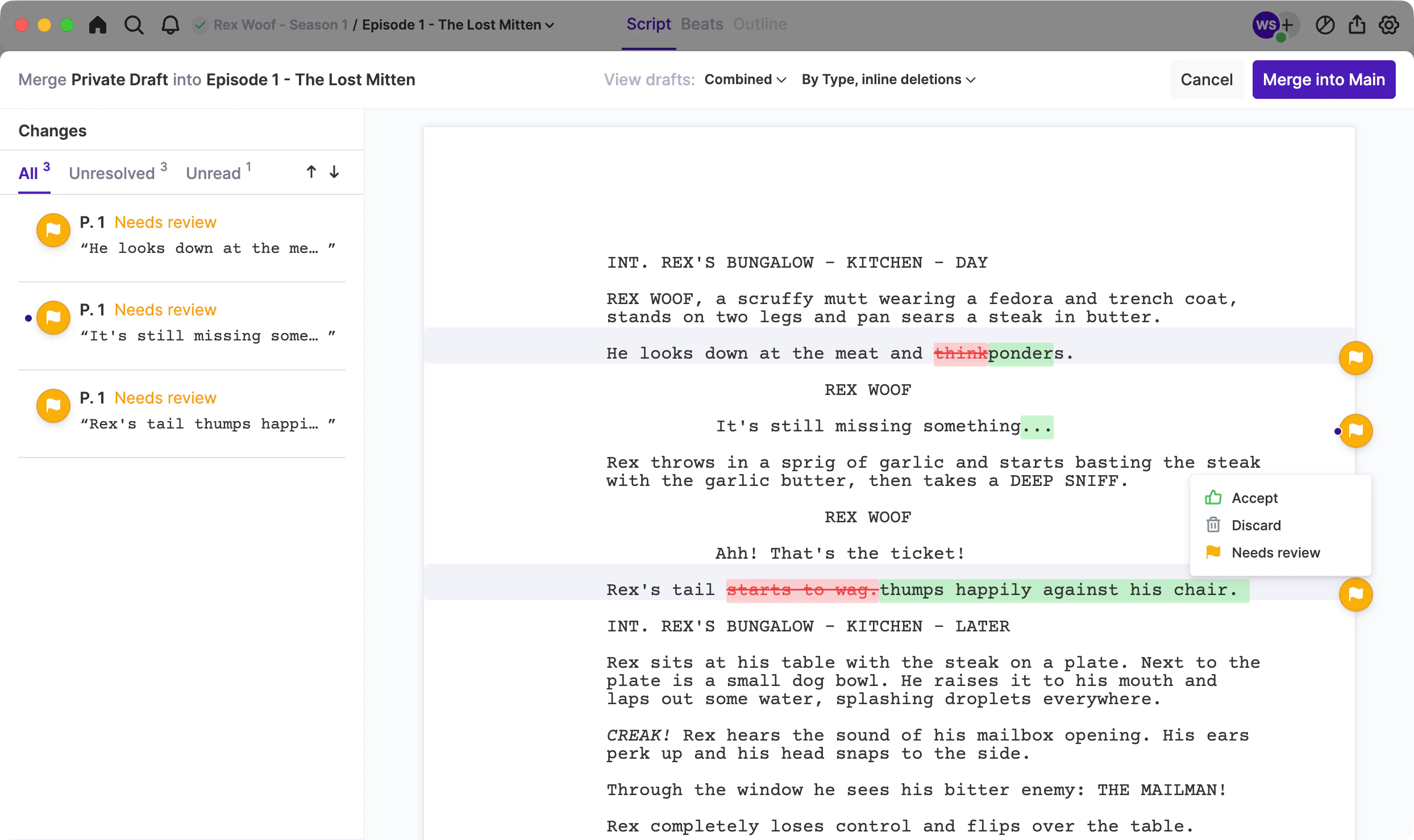 Tracked script changes with controls to approve or reject edits.