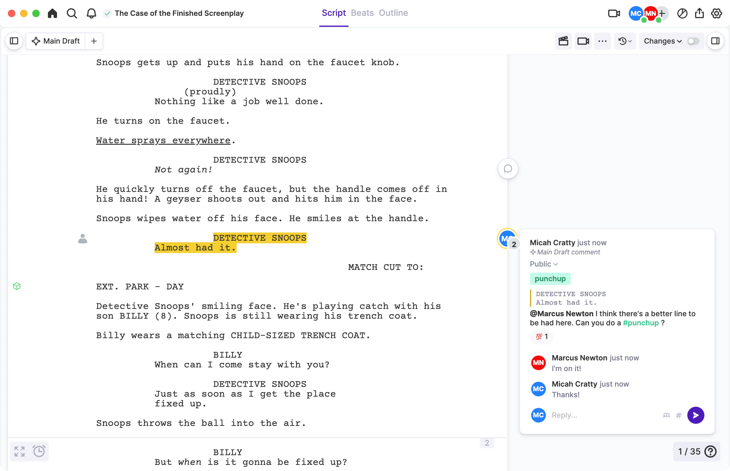 A tagged script comment with an @ mention and a reply from a collaborator.