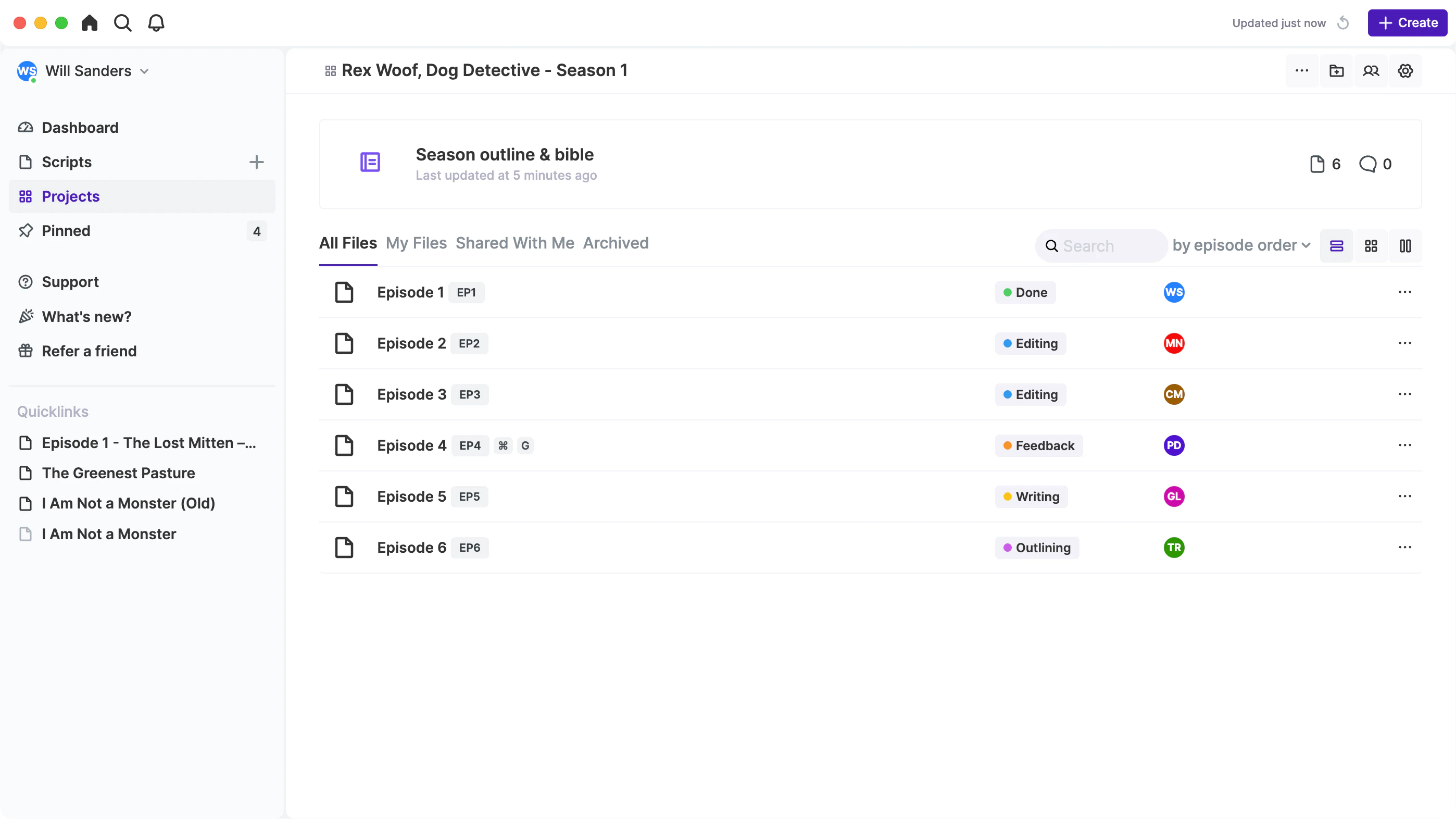 An episode dashboard showing assigned writers and each script’s status.