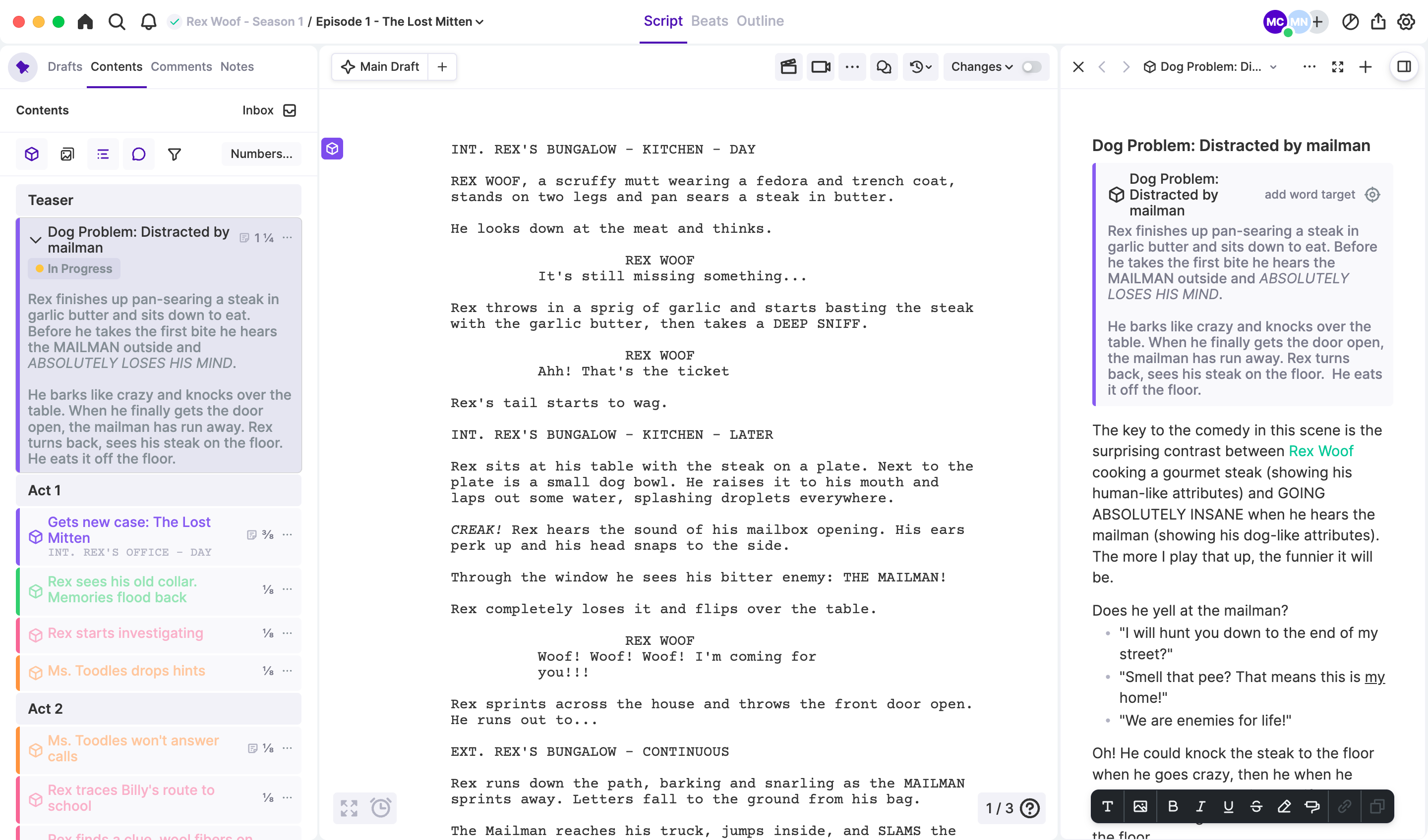 Outline and notes beside an Arc Studio script.